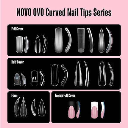 NOVO OVO Halloween Curved Nail Tips Press on Full Cover, Extra Curve Square Gel x Thick Long XL XXL Acrylic Fake Nails Extension kit, Clear Pre-etched French False Nail 12 Sizes 240pc QUEEN SQUARE PRO