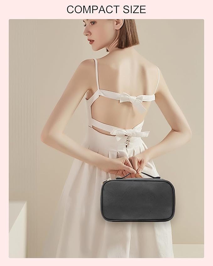 Relavel Small Makeup Bag, Makeup Brush Cosmetic Organizer, Portable 2 Layer Travel Makeup Organizer, Cosmetic Bag for Women, Handbag Purse Pouch, Compact Capacity for Daily Use (Black)