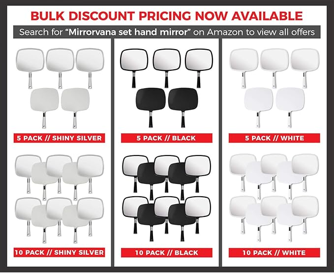 MIRRORVANA Large & Comfy Hand Held Mirror with Handle - Silver Salon Model (5-Pack)