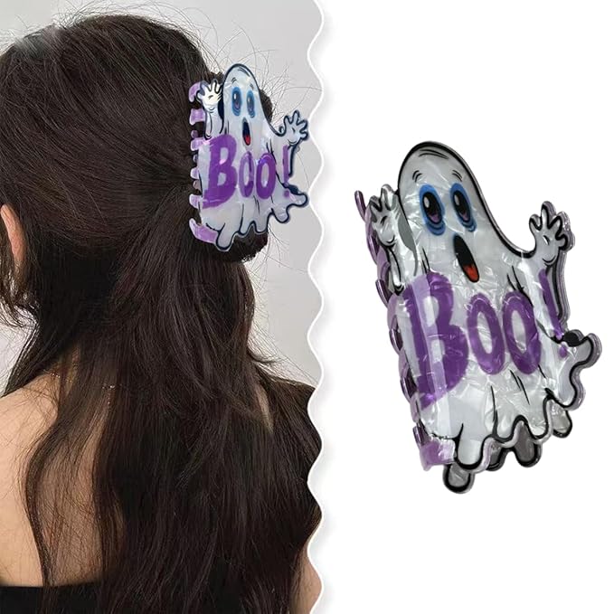 1Pcs Halloween Hair Claw Clips for Women, VGNRAR White Cute Ghost Hair Clips for Thick and Thin Hair, Medium Acrylic Strong Hold Non-Slip Claw Clips Goth Hair Accessories for Halloween Party Gift