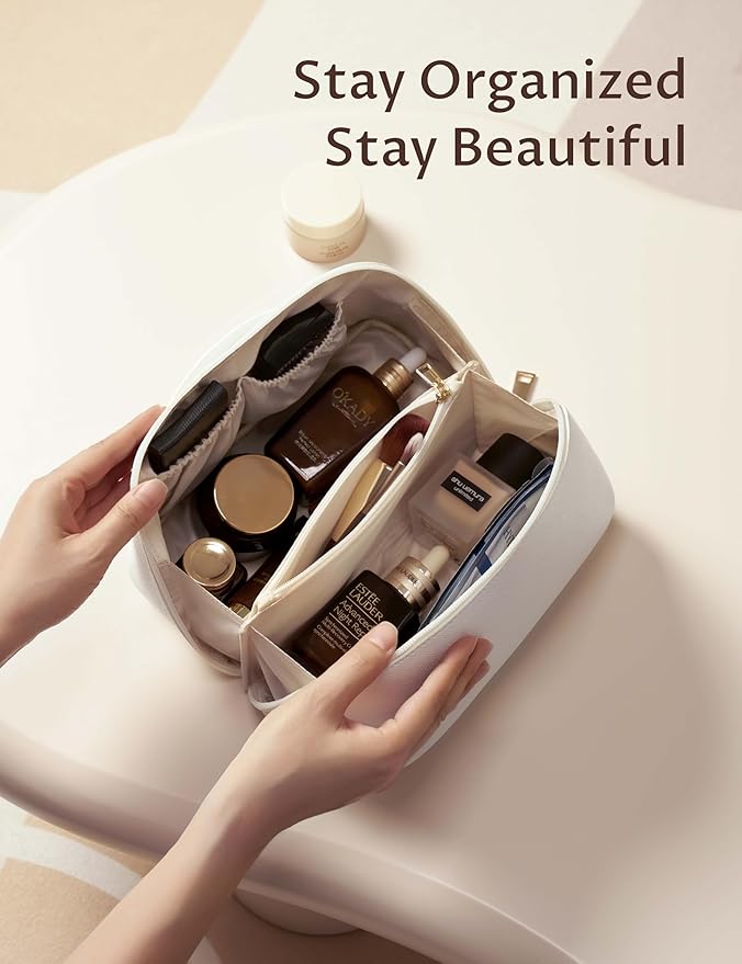 Yarnic White Travel Makeup Bag Cosmetic Bag Make Up Pouch, Large Capacity Toiletry Bag for Women, Portable Pouch Cute Make Up Organizer with Divider and Handle, PU Leather