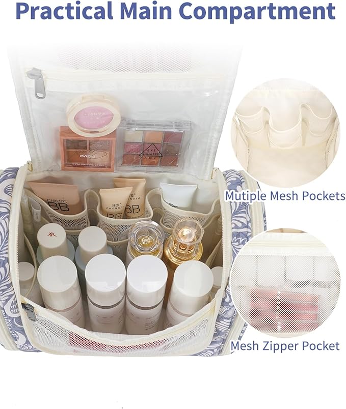 Narwey Hanging Toiletry Bag for Women Travel Makeup Bag Organizer Toiletries Bag Men for Cosmetics Essentials Accessories(Large, Blue Leaf)