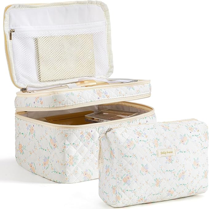 HBselect 2Pcs Travel Makeup Bag, Large Cotton Quilted Makeup Bag Cosmetic Bag Cute Make up Bag Toiletry Bags for Women Girls