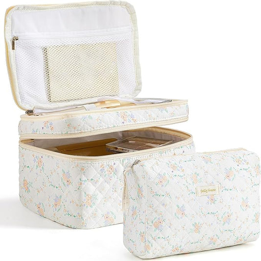 HBselect 2Pcs Travel Makeup Bag, Large Cotton Quilted Makeup Bag Cosmetic Bag Cute Make up Bag Toiletry Bags for Women Girls