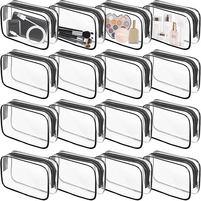 16 Pieces Clear Makeup Bags Bulk, TSA Approved Toiletry Bag for Travel, PVC Waterproof Travel Small Pouches Clear Pouch with Zipper for Men and Women Carry-on Travel Essentials Cosmetic Bags (Black)