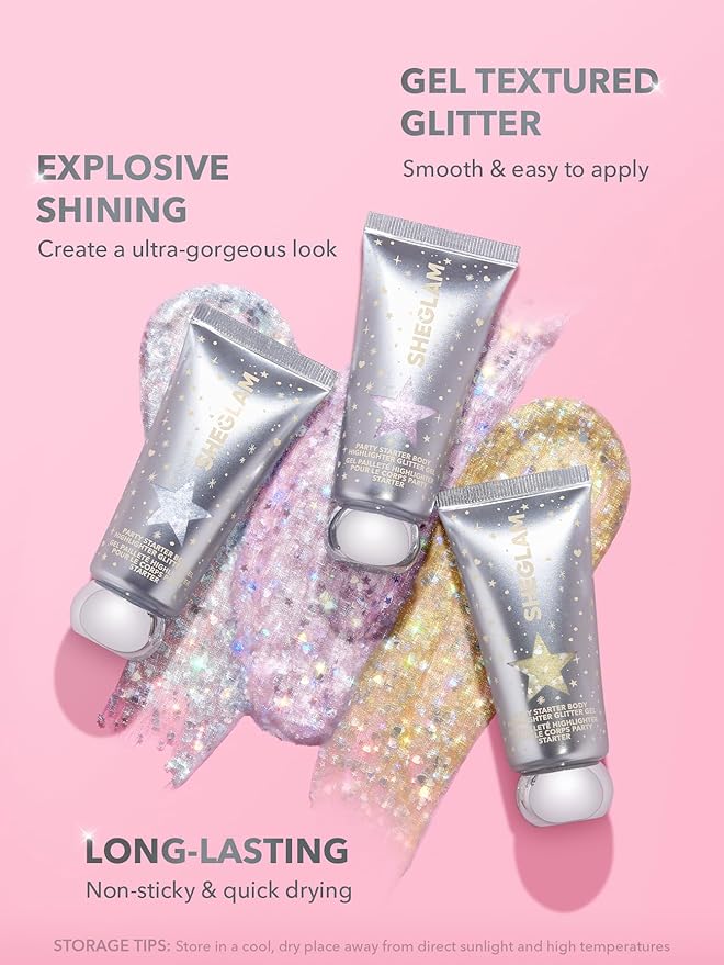 SHEGLAM Party Starter Body Highlighter Glitter Gel Quick-Drying and Non-Sticky Glitter Spray Liquid Highlighter for Face Hair Body Glitter-Ice Breaker