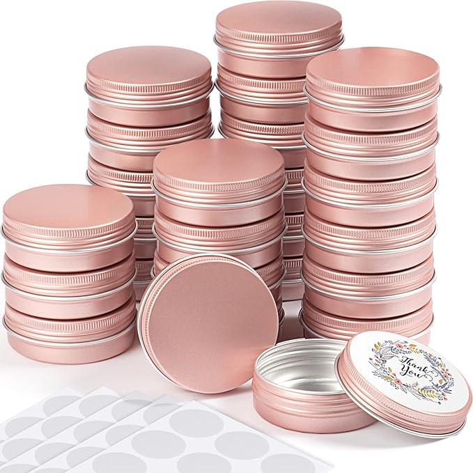 Patelai 2 oz 120 pcs Metal Round Tins Aluminum Tin Cans Salve Tins Containers with Screw Lid 20 Sheets Stickers for Salve Spice Candies Balms Candles (Rose Gold)