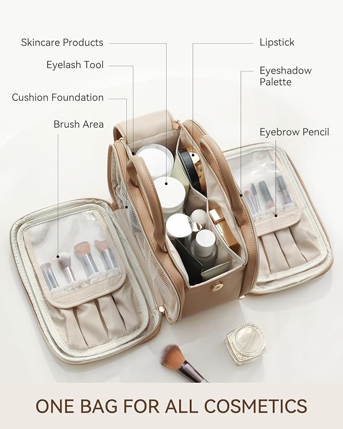 Prite Makeup Bag for Women, Large Capacity Waterproof Travel Cosmetic Organizer, Portable Open Flat Toiletry Bag with Free-standing Brush Holder and Handle(Beige Brown Large)