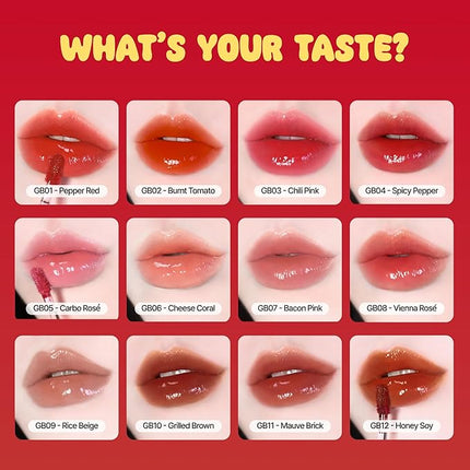 BLACK ROUGE Glow Bokki Tint, GB11 Mauve Brick – Korean Lip Tint Inspired by Tteokbokki, Non-Sticky Long-Lasting Lip Stain with Glossy Finish, Cute Stickers – Original Red, Rose, Soy