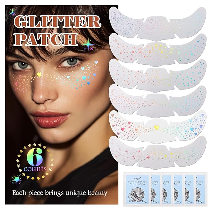 6 pcs Holographic Multicolour Glitter Freckles Face Tattoo, Waterproof Sparkle Face Glitter Speckles Patches for Women, Cute Star Glitter Temporary Tattoo Makeup Rave Accessories for Festival