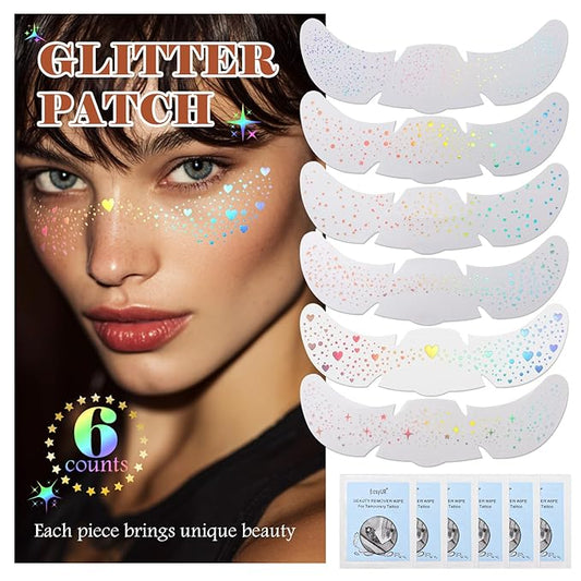 6 pcs Holographic Multicolour Glitter Freckles Face Tattoo, Waterproof Sparkle Face Glitter Speckles Patches for Women, Cute Star Glitter Temporary Tattoo Makeup Rave Accessories for Festival