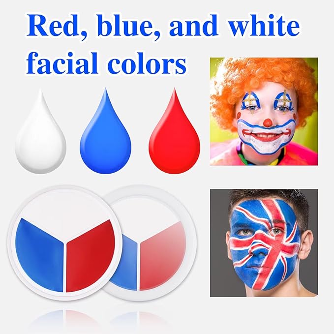Red White Blue Face Body Paint, Halloween SFX Cosplay Clown Makeup, American Flag 3 Colors Prides Face Painting for Patriotic Veterans Day Independence Day 4th of July,Joker Makeup,12g