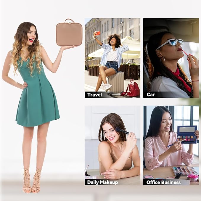 Travel Makeup Bag with LED Mirror and 10x magnifying glass with 3 Lighted Settings, Adjustable Dividers and Makeup Brush Storage Bag Khaki