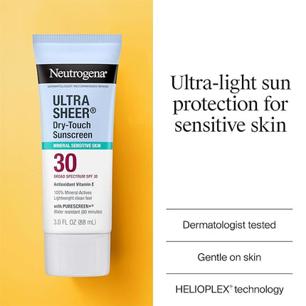 Neutrogena Ultra Sheer Dry-Touch Mineral Sunscreen For Face & Body, SPF 30 Broad-Spectrum UVA/UVB Protection, Titanium Dioxide & Zinc Oxide Sunscreen, Oxybenzone-Free, 3.0 fl. oz