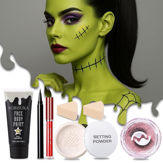 6 PCS Halloween Witch Makeup Set - Includes Ogre Green Face Body Paint(60ml), Black Eyeliner, False Eyelashes, Red Lipstick - Oil-Based SFX Face Painting Kit for Costume, Cosplay, Dress-Up Party