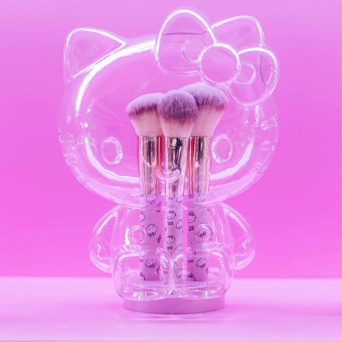 Impressions Vanity Hello Kitty 6 PCs Makeup Brush Set with Clear Cloche, Super Soft Brushes for Foundation, Face Powder, Blending, Eye Shadow with Cute Hello Kitty 3D Holder Organizer