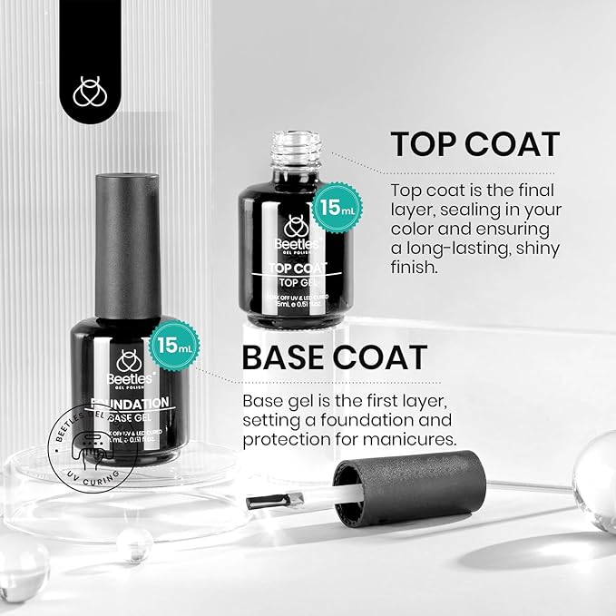 Beetles 4 Pcs 15ml Base Gel and Top Coat Kit with 20ml Nail Dehydrator and Primer, Professional Nail Prep Acid-Free & Hema-Free Dehydrate Bond Primer Set for Acrylic Nail Manicure Gift for Women