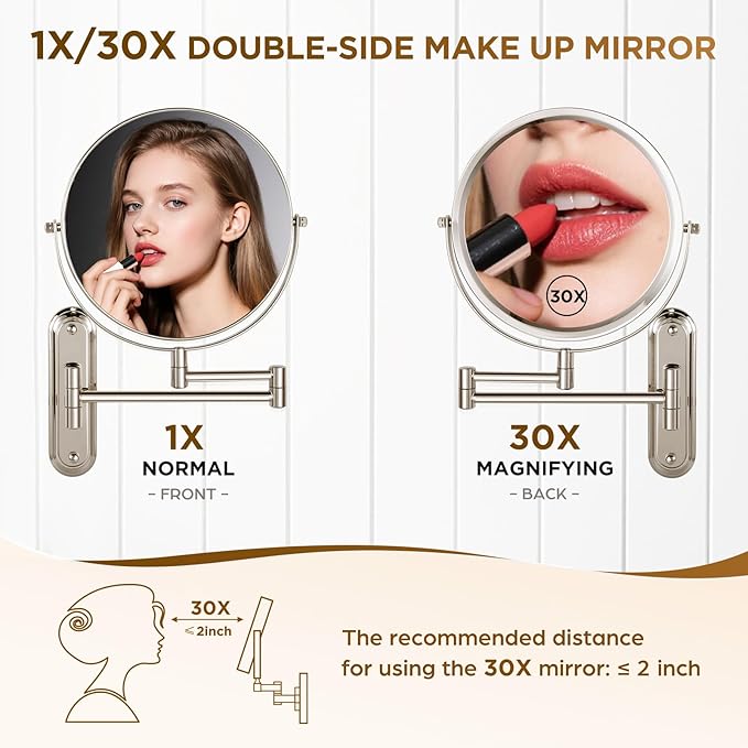 Wall Mounted Makeup Mirror - 1X/30X Magnifying Makeup Mirror with Extended Arm 360°Swivel Vanity Mirror, 8.5in Double Sided Mirror for Bathroom, No Lights