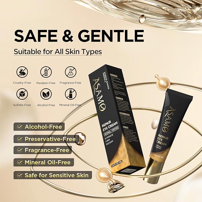 ASAMO Retinol Eye Cream – Retinol and Peptides for Fine Lines, Puffiness, and Under-Eye Shadows, Anti Aging, Eye Care Daily Wrinkle Cream,1.06 fl.oz