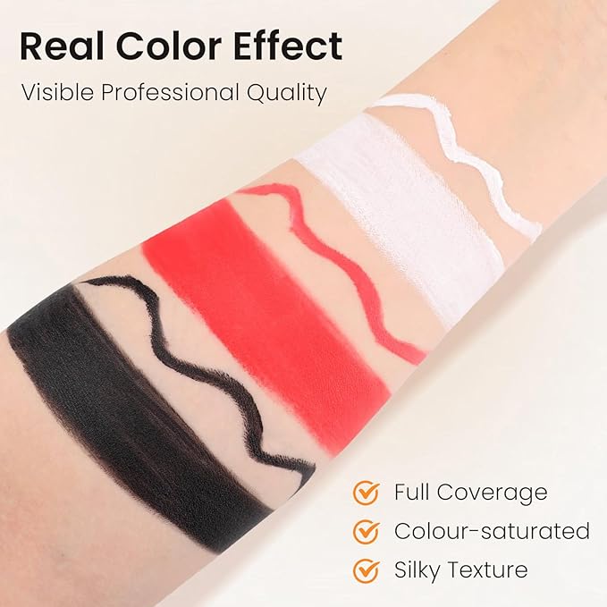 3 Colors Face Body Paint + 3pcs Sponge + 3pcs Brush, 【Full Coverage】【Skin Friendly】【Long Lasting】, Professional Paint Makeup Product For Halloween/Masquerade/Cosplay/Movie Makeup, Black+White+Red