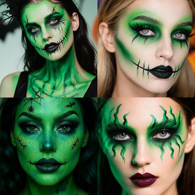 Green Face Body Paint Kit for Kids & Adults, Non-Toxic Water-Based Professional Face Painting Palette with Brushes for Halloween Clown Goth Vampire SFX Makeup, Art Stage Cosplay Parties