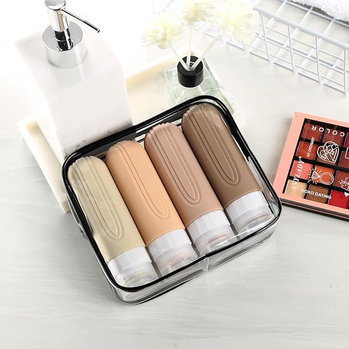 Travel Bottles for Toiletries, Tsa Approved 3oz Travel Size Containers BPA Free Leak Proof Refillable Liquid Silicone Squeezable Travel Accessories for Shampoo Conditioner Lotion (4 Pack)