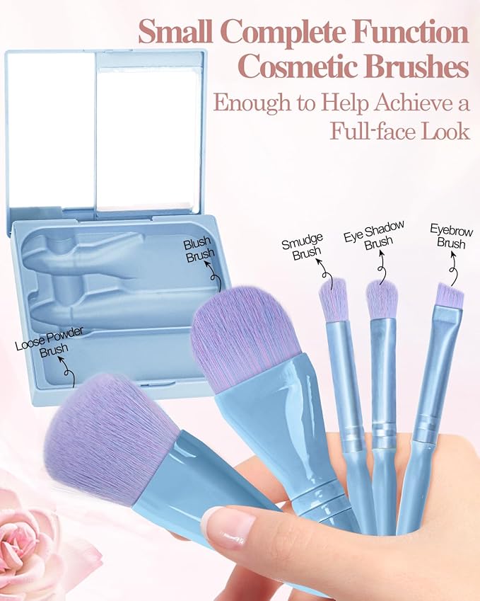 Travel Size Makeup Brushes Mini Set with Hard Case and Built-in Mirror, 5Pcs Small Cosmetic Brushes, On the Go Brush Travel Essentials kits for Women, Girls Gift (Sky Blue)