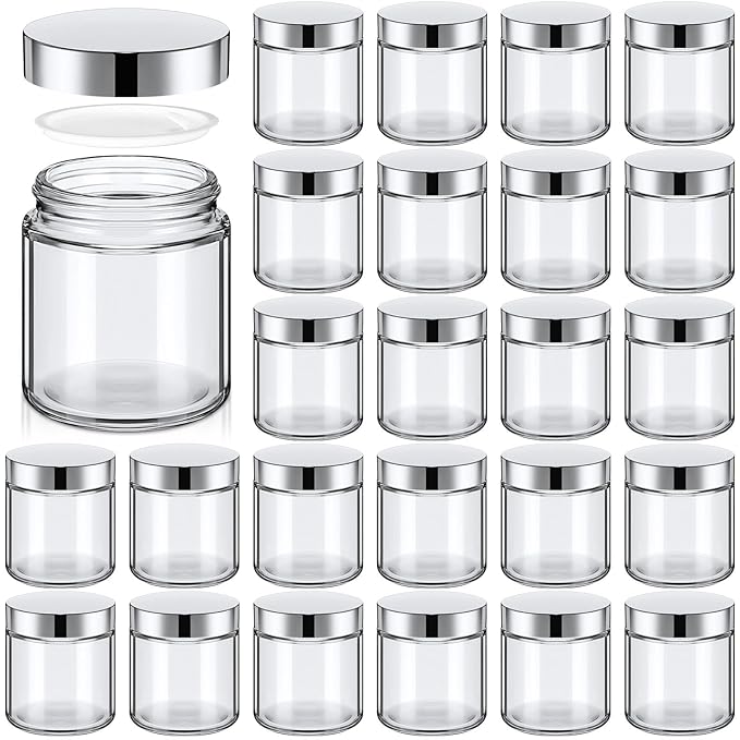 Norme 24 Pcs 4 oz Glass Jars with Lids Leakproof Round Airtight Empty Cosmetic Jars with Inner Liners Lid for Storing Lotions Powder Ointments Candle Making Tins (Silver,Clear)