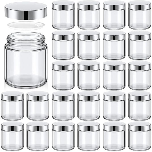 Norme 24 Pcs 4 oz Glass Jars with Lids Leakproof Round Airtight Empty Cosmetic Jars with Inner Liners Lid for Storing Lotions Powder Ointments Candle Making Tins (Silver,Clear)