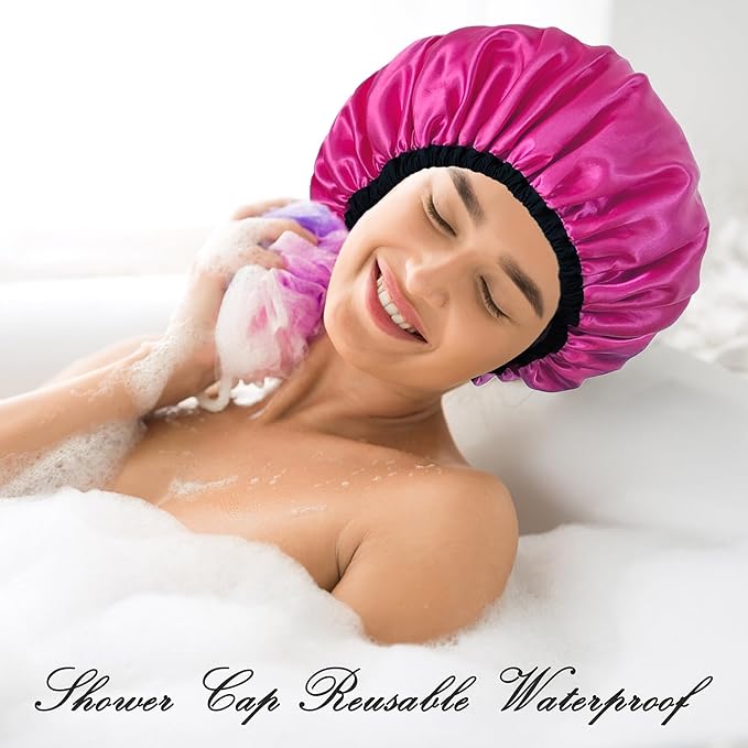 Shower Cap for Women, Large Shower Caps Reusable Waterproof with Elastic Band, Silky Satin Double-layer Bath Cap for Braids Long Hair