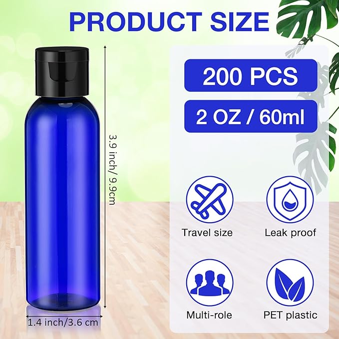 Zhehao 200 Pcs 2 oz Blue Plastic Empty Bottles Small Travel Size Bottles with Flip Cap Empty Transparent Dispenser Container for Liquids Toiletries Shampoo Lotion (Black Cap)