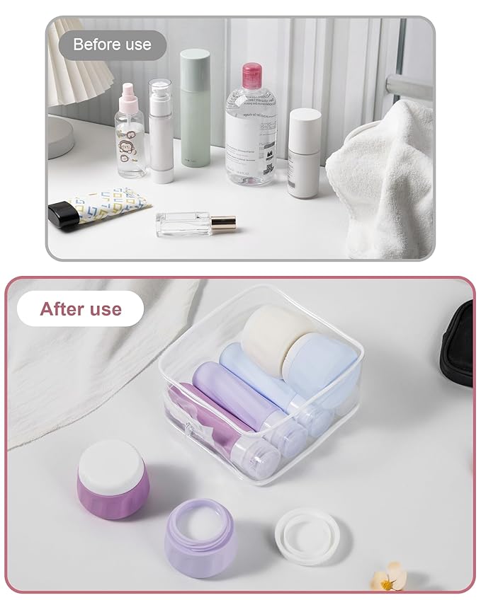 Travel Bottles for Toiletries 8 Pack, Travel Size Toiletries, Tsa Approved Travel Size Containers 3oz, with Travel Essentials Clear Bag, Leak Proof Silicone Squeezable Creams Jars