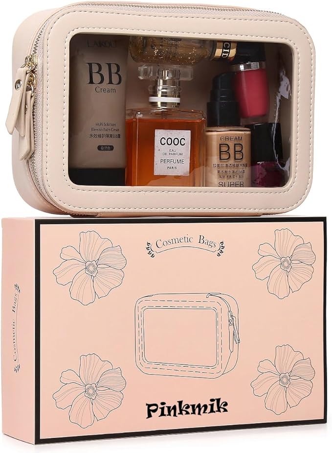 Pinkmik Clear Makeup Bag Transparent Travel Case for Cosmetics and Toiletries Women's Clear Car Bag with Zipper (Beige, Small)