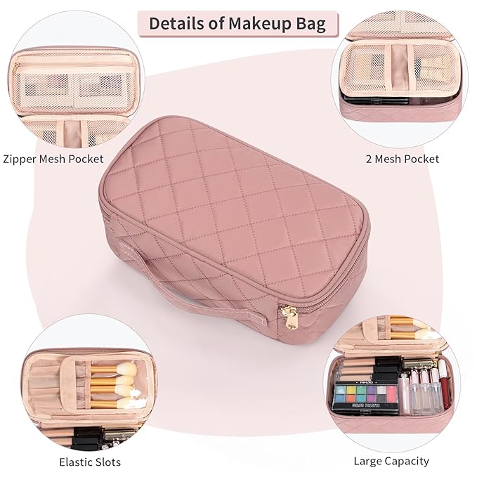 OCHEAL Small Makeup Bag,Portable Cute Travel Makeup Bag Pouch for Women Girls Makeup Brush Organizer Cosmetics Bags with Compartment-Rhombus Pink