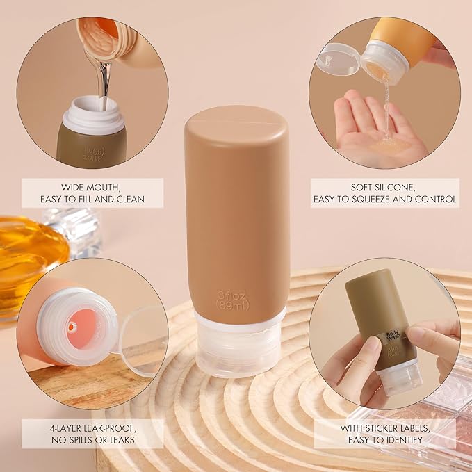 Muslish 21 Pack Travel Bottles for Toiletries, Leak-Proof TSA Compliant Silicone Travel Size Containers for Shampoo and Conditioner, BPA Free with Toiletry Bag (Apricot)