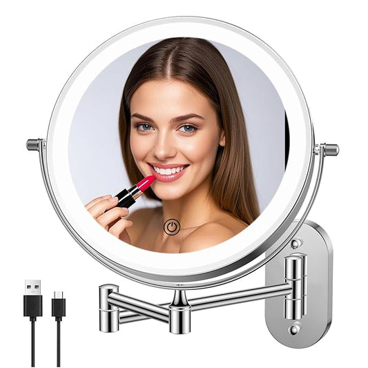 FUNTOUCH 2500mAh Rechargeable Wall Mounted Lighted Makeup Vanity Mirror 8 Inch Double Sided 1X 20X Magnifying Bathroom Mirror, 3 Color Lighting, Touch Dimming, Extended Arm 360° Light up Mirror