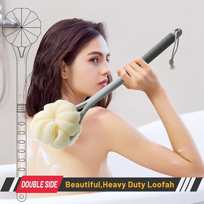 Shower Body Brush,Soft Bristles and Beautiful Pumpkin Loofah 14” Long Handle Back Scrubber Bath Mesh Sponge for Skin Exfoliating Bath,Massage Bristles Suitable for Wet or Dry,Men and Women (Grey)