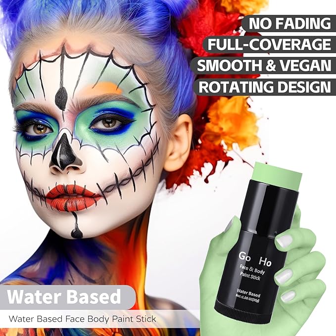 Go Ho Pastel Green Face Body Paint Stick,Water Based Washable Light Green Face Paint Stick,Non-toxic Full-coverage Cream Light Green Body Paint for Adults Children Halloween Cosplay SFX Makeup