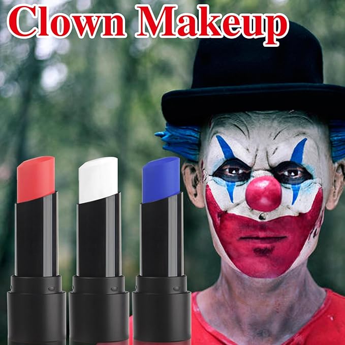 MEICOLY 3Pcs Red White and Blue Face Body Paint Stick,Face Paint for Joker Makeup,Face Painting for Halloween SFX Clown Devil Spiderman Cosplay,Red White and Blue Eye Black,4th of July Accessories