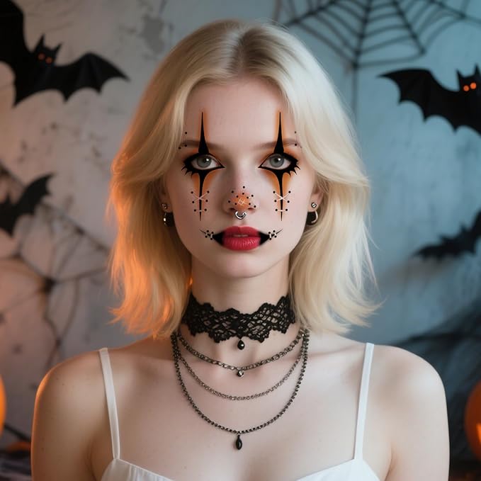 Halloween Face Tattoos, Spooky Halloween Face Tattoos Stickers, Face Temporary Tattoos with Stitched Lips & Nose,Face Makeup Tattoo Stickers for Adults, Kids, Cosplay, Parties 8Pcs