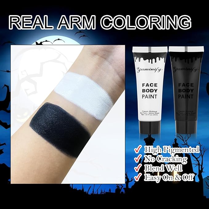 Black White Face Body Paint 1.01 oz/pc with 2 Sponges,Water Based Cream Face Paint for Clown Zombie Vampire Skeleton Cosplay Makeup,Halloween SFX Makeup Face Painting Kit,2.02 oz
