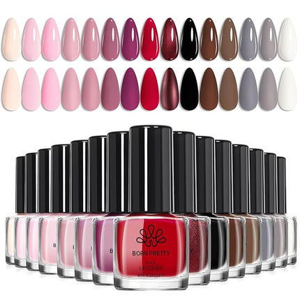 Born Pretty Red Pink Nail Polish Set, 15 Colors Red Pink Nude Black White Gray Brown Nail Polish Quick Dry Fingernail Polish Kit for DIY Nail Art Salon Home Valentines Day Gift for Women