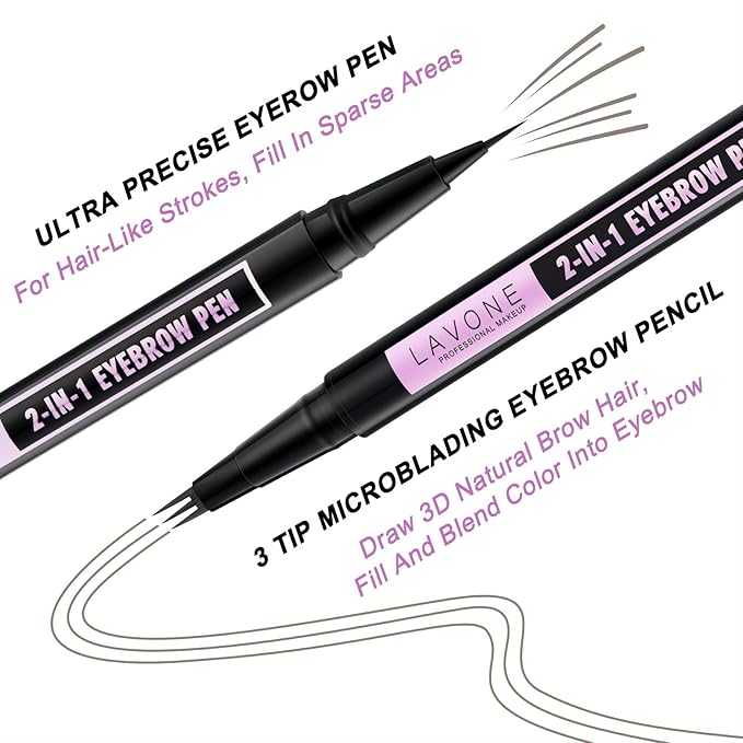 LAVONE Eyebrow Pencil, 2-In-1 Waterproof Eyebrow Pen, with 3 Tip Microblading Eyebrow Pen and Ultra-Precise Brow Pencil, Dual-ended Eyebrow Brush, for Eyebrow Makeup - Grey
