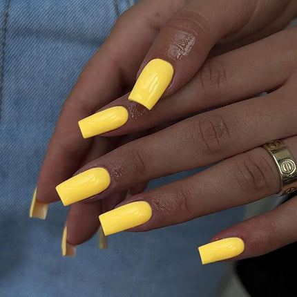 Yellow Press on Nails Long Square, KXAMELIE Medium Coffin Nails Press ons Long Glue on Nails Natural Thick Fake Long Nails Acrylic Nails Reusable 24 Fake Nails Solid Color False Nails for Women