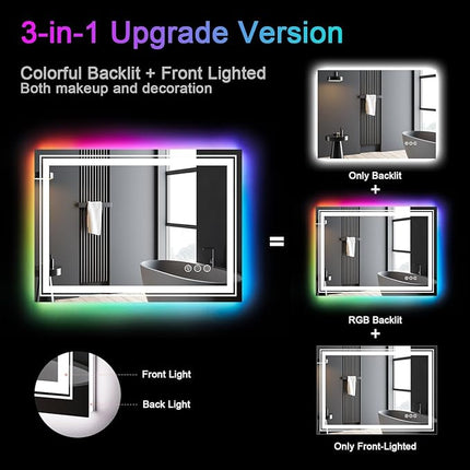 LED Mirror for Bathroom, 48"X40" with 8 RGB Backlit +3 Front Lit (Adjustable Individually), Anti-Fog, Large Lighted Bathroom Vanity Mirror for Wall,Shatterproof,Memory Function,Tempered Glass