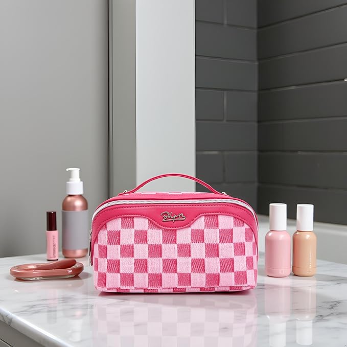 BOYATU Travel Makeup Bag for Women: Large Cosmetic Bag Set of 3 - PU Leather Make up Bag with Compartments - Compact Waterproof Toiletry Bag with Divider & Handle (C-04Red)