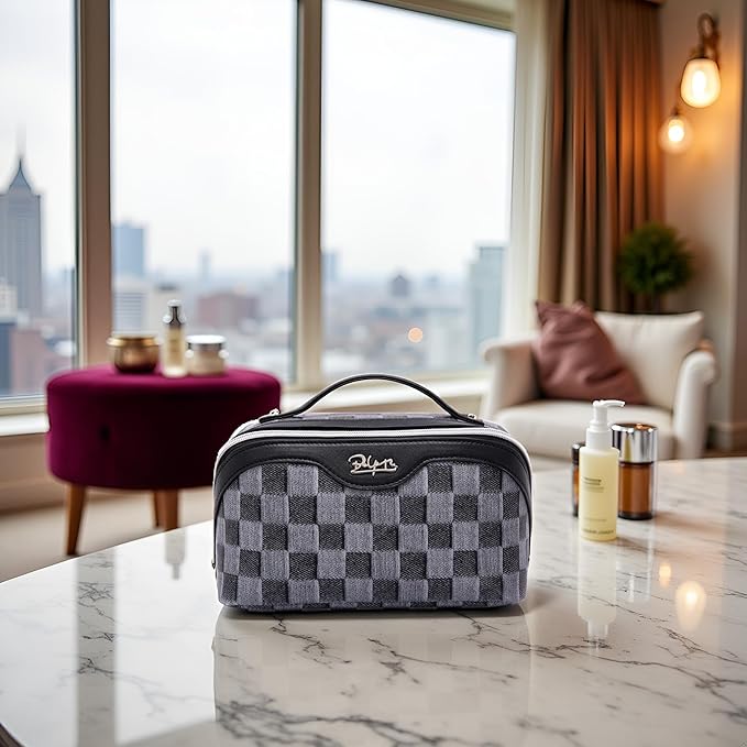 BOYATU Travel Makeup Bag for Women: Large Cosmetic Bag Set of 3 - PU Leather Make up Bag with Compartments - Compact Waterproof Toiletry Bag with Divider & Handle (C-02Black)