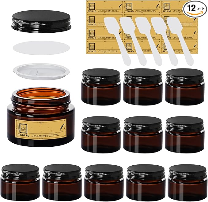 1.75 oz Glass Jars with Lids,Amber,12 Pack Empty Cosmetic Containers with Inner lids and Inner Liners,Black Metal Lids,Refillable Round Airtight Jars,Use to store Lotion,Powders,Candle Making