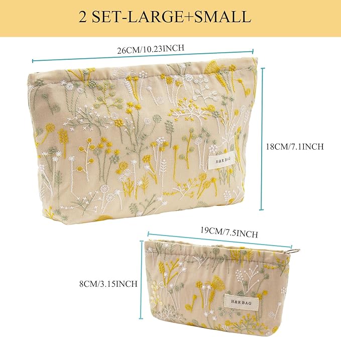 2 Pcs Makeup Bags, Large Cosmetic Bag Travel Toiletry Bag Organizer for Women, Embroidery Craft, Floral Makeup Bag Small Cosmetic Pouch Purse with Zipper Gifts for Girls Teen