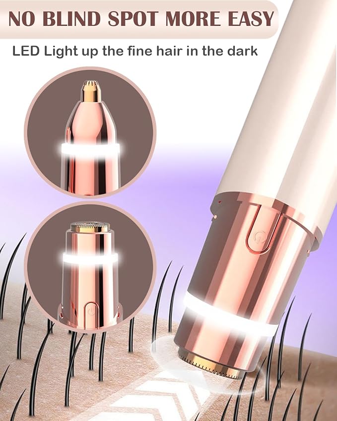 Facial Hair Remover and Eyebrow Trimmer - 2 in 1 Facial Hair Removal Epilators for Women - Rechargeable Travel Face Hair Razor Bikini Shaver for Face Peach Fuzz Lips Chin Armpit Body (Gold)